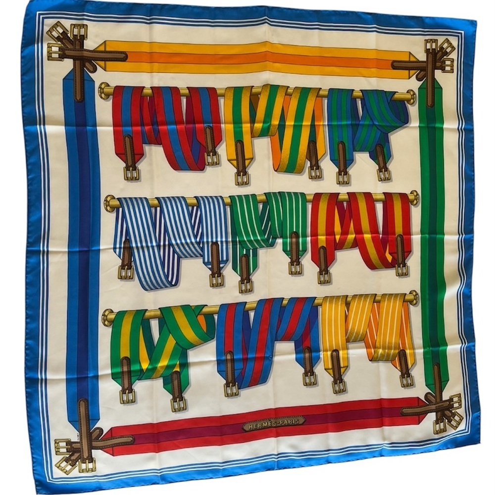 HERMES Silk Scarf Les Sangles 90cm design Jacques Eudel EUC 1980s